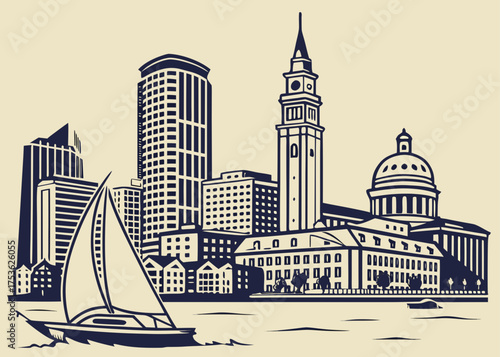Boston harbor skyline minimal vector in navy and beige tones
