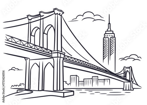 Brooklyn Bridge minimal vector line art with skyline background

