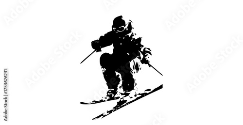 a silhouette of a skier in mid-air, depicted in black and whiteblack, jump, man, person, pole, profile, ride, ski, ski pole, skier, slope, trick 