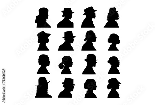 a set of silhouettes of people with different hairstyles and facial expressionsblack, hat, illustration, man, person, profile, sun hat, woman 