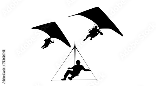 three silhouettes of people flying with hang gliders in a triangle formationattach, fly, glider, man, parachute, person, profile, sky, swing, swinge 