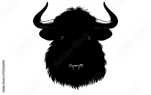 a black and white illustration of a bull's head with long hair and hornsanimal, bison, black, buffalo, bull, drawing, head, portrait, trumpet, yak 