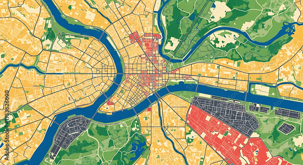 Obraz premium Detailed City Plan with Color-Coded Zones and River