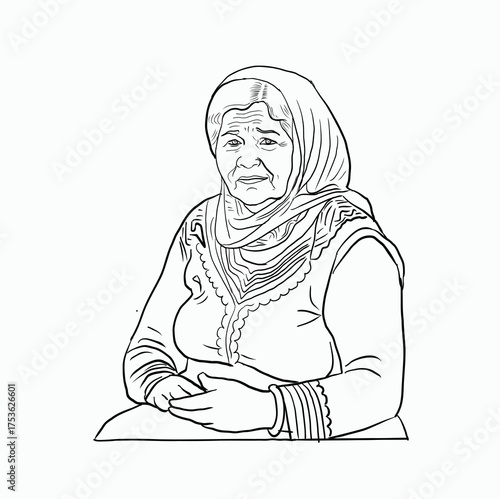 Intricate Line Art Illustration of a Traditional Elderly Woman in Cultural Headscarf and Ethnic Attire Portrait