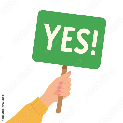 An Enthusiastic Gesture: A Hand Holding a Green YES Sign. Concept of approval, agreement, positive decision, motivation, support, success or encouragement. Isolated on white background.