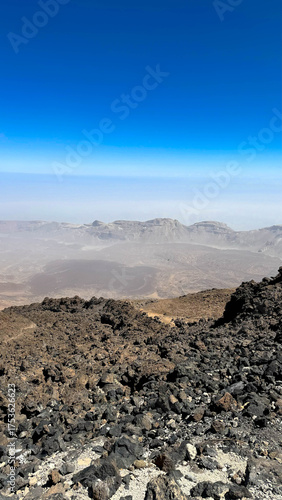 Desert, yellow rocks against the blue sky. Scenic ascent to Mount Teide, Tenerife