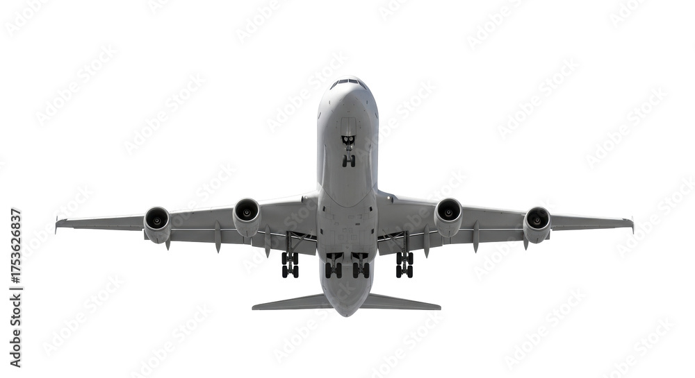 Fototapeta premium Isolated airplane from below with landing gear and engines, aircraft, travel journey