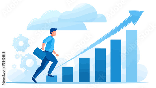 Ambitious businessman climbing a rising bar chart towards career growth, financial success, and professional achievement. Business progress concept.