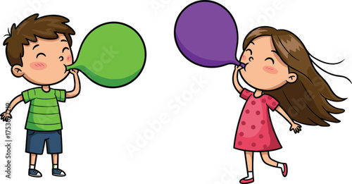 Children blowing up balloons with focus and joy, playful vector illustration of kids enjoying colorful party preparation and cheerful moments