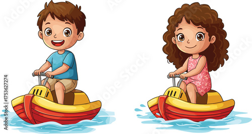 Children riding water scooters in summer, playful outdoor activity with splashes and smiles, fun vector illustration of kids enjoying vacation