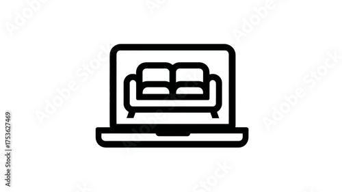 Online Furniture Shopping & Home Decor E-commerce Icon. Laptop with Sofa for Digital Retail and Interior Design Concept.