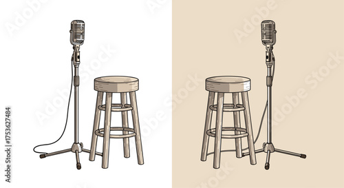 Ready for open mic night with this vintage microphone and wooden stool on stage, perfect for comedy shows, musical performances, and creative storytelling