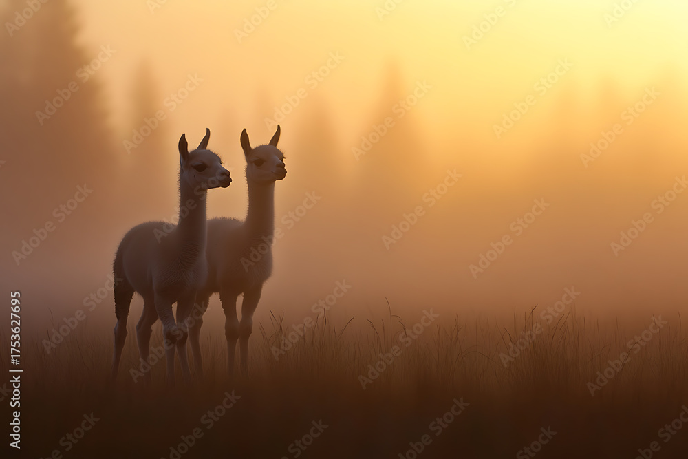 Obraz premium Two light-colored alpacas stand side by side in a grassy field, bathed in the warm golden light of sunrise, shrouded in a gentle mist. Serene and peaceful.
