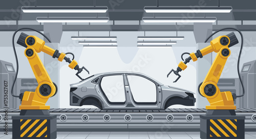 Automated car assembly line featuring robotic arms working on a vehicle body, perfect for illustrating modern manufacturing processes and technology innovations