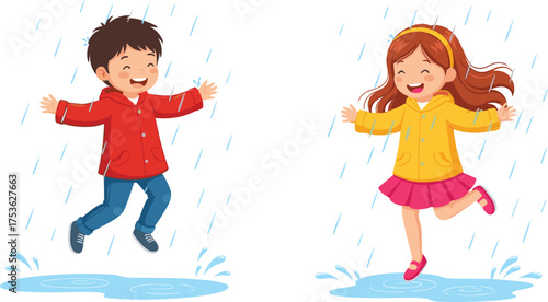 Smiling kids jumping in puddles during rainy weather, colorful raincoats and cheerful childhood outdoor fun vector illustration for stock