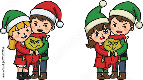 Children hugging grumpy creature, festive Christmas outfits, emotional contrast illustration, Santa hat kids, holiday vector art, joyful and surprised expressions