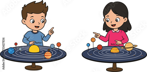 Children exploring solar system models in classroom setting, educational astronomy activity with planets and sun, colorful vector illustration for learning