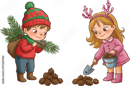 Children collecting pinecones, festive outdoor winter activity, Christmas holiday preparation, teamwork in nature, seasonal illustration, kids in warm clothing, vector art