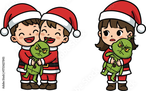 Children in Santa outfits, festive holiday illustration, green doll expressions, emotional contrast scene, Christmas vector art, joyful and concerned reactions