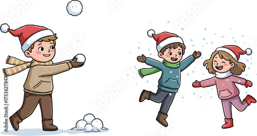 Children playing in snow, festive winter clothing, Santa hat kids, snowball fun illustration, joyful outdoor activity, Christmas holiday vector art