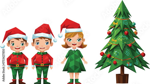 Children near Christmas tree, festive holiday outfits, Santa hat kids, decorated tree illustration, joyful seasonal vector art, winter celebration design concept
