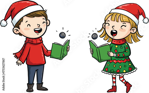 Children singing Christmas carols, festive holiday illustration, Santa hat kids, green book music, joyful seasonal vector art, winter celebration design concept