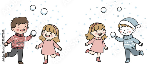 Children playing with snowballs, festive winter clothing, joyful outdoor activity, Christmas holiday kids, snowflake scene illustration, seasonal vector art design