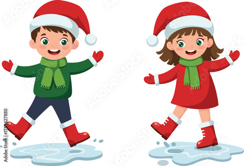 Children sliding on ice, festive winter clothing, Christmas holiday kids, Santa hat illustration, joyful seasonal vector art, outdoor snow activity design