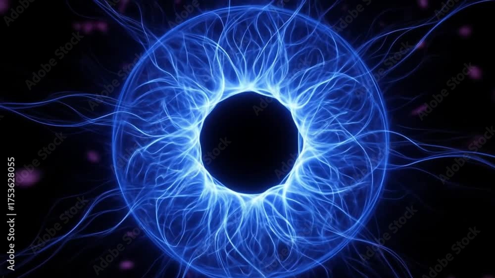 Abstract blue energy flowing from a black void, a dynamic electric plasma concept for science, technology, and futuristic designs with powerful impact