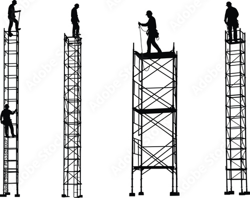 Construction workers silhouettes, scaffolding safety, high rise building, industrial labor, engineering inspection, site maintenance, architecture structure, teamwork coordination, occupational safety