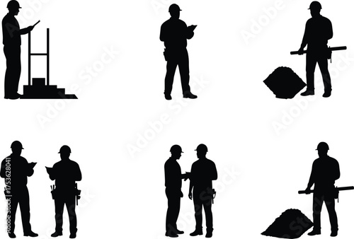 Construction workers silhouettes, safety helmets reflective vests, blueprint planning teamwork, industrial labor illustration, engineering site collaboration, building project design
