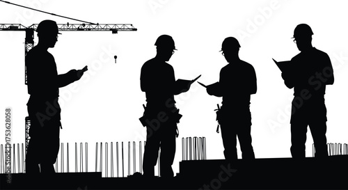 Construction workers silhouettes, teamwork discussion, crane background, site inspection, project planning, safety helmets, engineering supervision, building site coordination, industrial labor