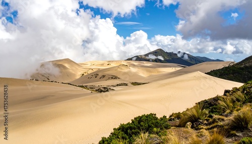 Fototapeta Naklejka Na Ścianę i Meble -  A sweeping vista shows massive sand dunes rolling under a partly cloudy sky, some of the dunes are veiled by mist