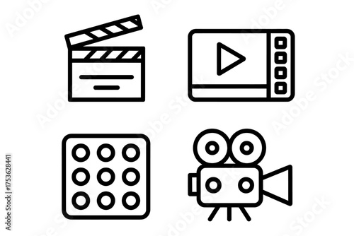 Line Art Movie Elements Depicting Film Production and Video Content Creation in a Minimalist Style