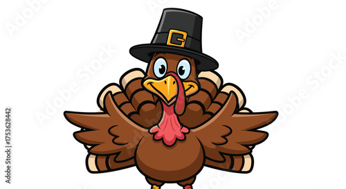 Get ready to gobble with this cute cartoon turkey wearing a pilgrim hat, perfect for Thanksgiving cards and festive holiday decorations