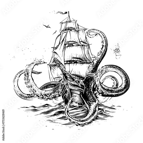 Illustration of a sailing ship being attacked by a giant octopus with birds flying in the background