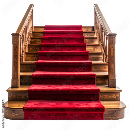 Formal wooden staircase, red carpet running up the center, with ornate banisters