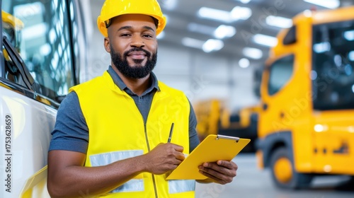 Smiling Inspector and Vehicle Inspection: A confident inspector, donned in safety gear, meticulously conducts a thorough vehicle inspection. His assured gaze reflects his dedication to accuracy.