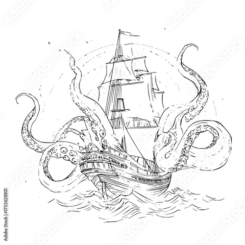 A sketch of a sailing ship being attacked by a giant octopus with its tentacles wrapped around the vessel