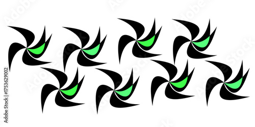 Whirlwind Pattern: An abstract arrangement of sleek, black and green pinwheel designs dances across the visual field, creating a sense of dynamic energy and geometric precision.