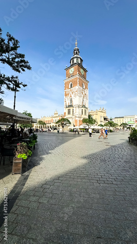 The main square of the old town in Krakow. Town hall. Sights of Poland