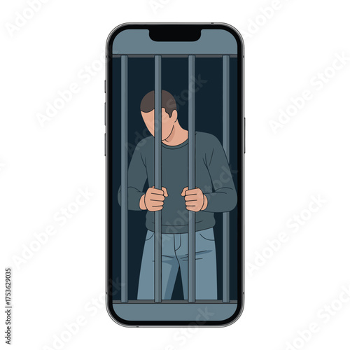  Smartphone Prison – Man Trapped Behind Screen Illustration
