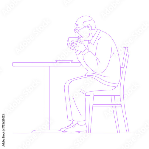 Line art illustration of an elderly person drinking coffee