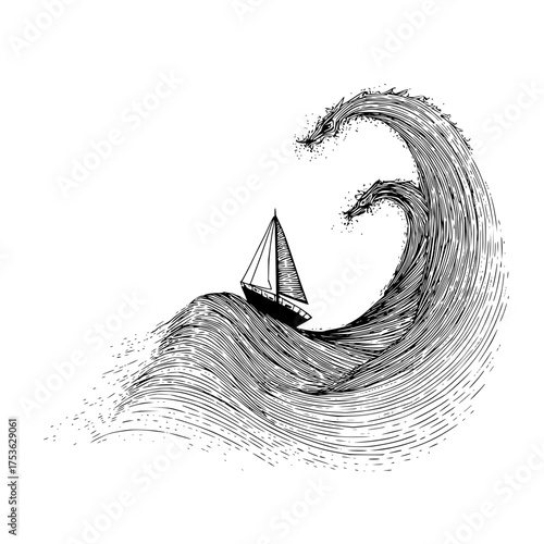 A monochrome drawing of a sailboat sailing on a wavy sea with a large wave curling behind it in black ink