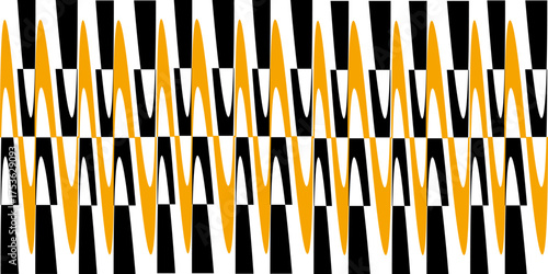 Dynamic Rhythm: A striking visual dance of juxtaposed black, white, and orange vertical lines that intersect in a mesmerizing zigzag pattern, creating a sense of movement and vibrancy.