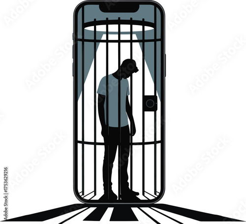  Smartphone Prison – Man Trapped Behind Screen Illustration
