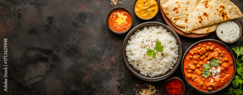 Indian food spread with various curries, rice, naan bread, and spices. Traditional cuisine for national festivals and celebratory meal concept.