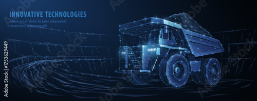 3D futuristic digital representation of a mining truck with glowing blue wireframe design, symbolizing innovative technologies in the construction or mining industry.