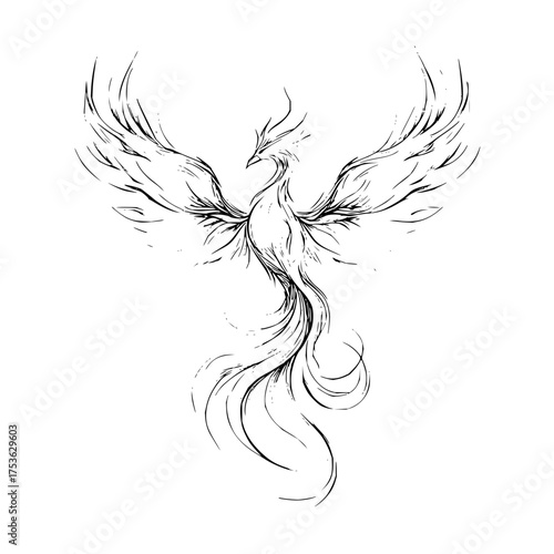 A black and white sketch of a phoenix with its wings spread and a long flowing tail in a simple design