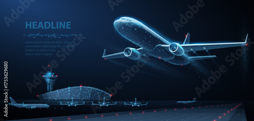 Takeoff of an airplane and an airport in background. Air transport navigation, aircraft innovation, travel concept, futuristic tech, aviation technology, AI in aviation, night flight, cargo journey

